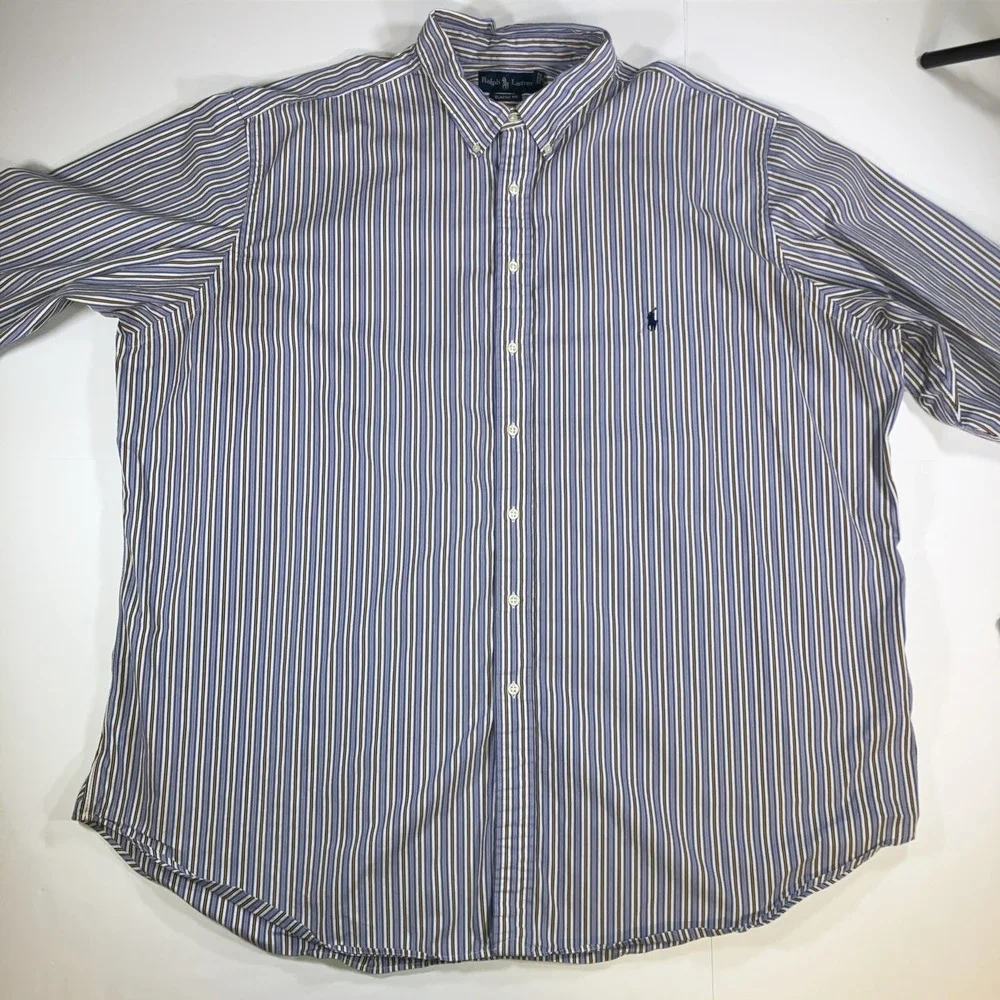 Polo Ralph Lauren Shirt Mens 3XLT‎ Tall Blue Yellow Stripe Button Down *Flaws